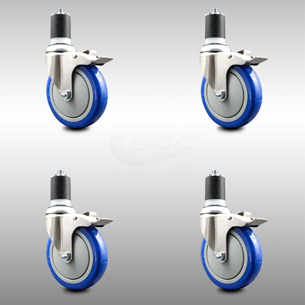 Service Caster 5 Inch 316SS Blue Poly Swivel 1-7/8 Inch Expanding Stem Caster Set Lock Brake SCC-SS316TTLEX20S514-PPUB-BLUE-178-4 - main